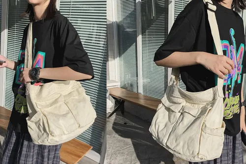 Vista 4 de Bolsa tipo mensajero, bolso cruzado grande con múltiples bolsillos de lona, bolsa de hombro para mujeres y hombres