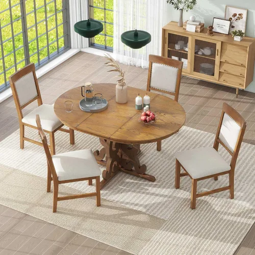 Vista 18 de Farmhouse - Juego de mesa de comedor de 5 piezas, mesa de comedor redonda extensible con 4 cómodas sillas tapizadas, juego de muebles funcionales