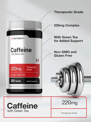 Vista 4 de Horbäach Píldoras de cafeína de 200 mg con té verde 200 tabletas Vegetarianas, sin OMG y sin gluten