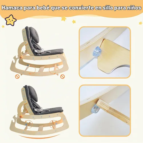 Vista 6 de Mecedora para bebé, ajustable para bebé, silla mecedora de madera 3 en 1 con arnés de 5 puntos, asiento para bebés y niños pequeños, color gris Beige