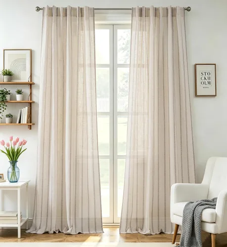 Vista 73 de DriftAway Cortinas de estilo granja con rayas verticales de lino mezclado texturizado con filtro de luz semitransparente para sala de estar