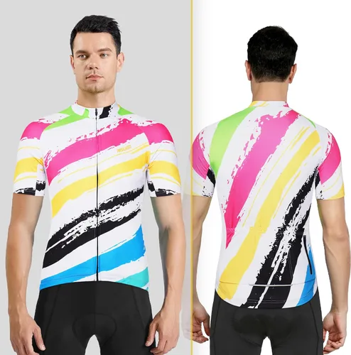 Vista 4 de ARSUXEO Camiseta de ciclismo de manga corta para hombre, camiseta de ciclismo de montaña MTB con bolsillos con cremallera reflectante