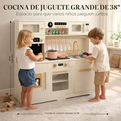 Vista 2 de Juego de cocina para niños, juego de cocina de juguete de madera con electrodomésticos y almacenamiento inteligente, juego de cocina para niños