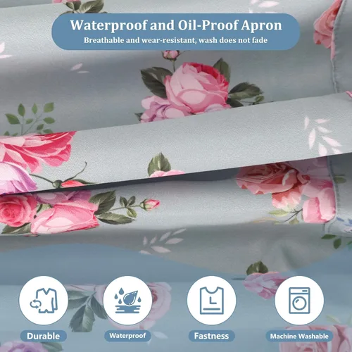 Vista 5 de 2 Pack Floral Apron, Adjustable Waterproof Aprons with 2 Pockets Cute Apron for Kitchen, Baking for Mom Wife Sister