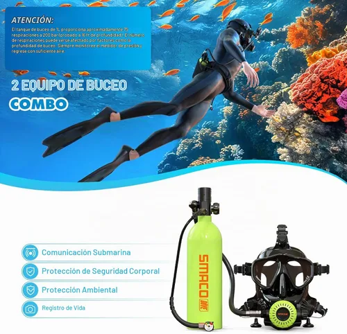 Vista 2 de SMACO Mini tanque de buceo con máscara de buceo de cara completa, S400 Pro 1L Mini tanque de buceo portátil botella de poni reutilizable hasta 20