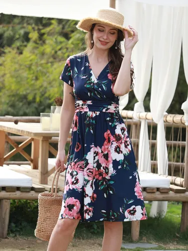 Vista 3 de OUGES - Vestido corto de verano para mujer manga corta cuello en V estampado floral con bolsillos para fiesta