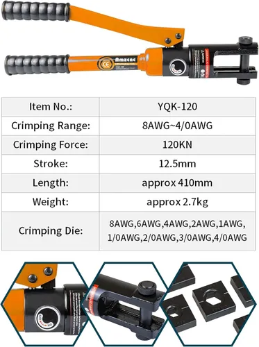 Vista 2 de AMZCNC Herramienta de crimpadora de cable hidráulico 12 toneladas 8AWG-4/0AWG 9 troqueles Kit