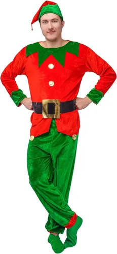 Vista 2 de flatwhite - Disfraz de elfo navideño rojo, verde (hombre)