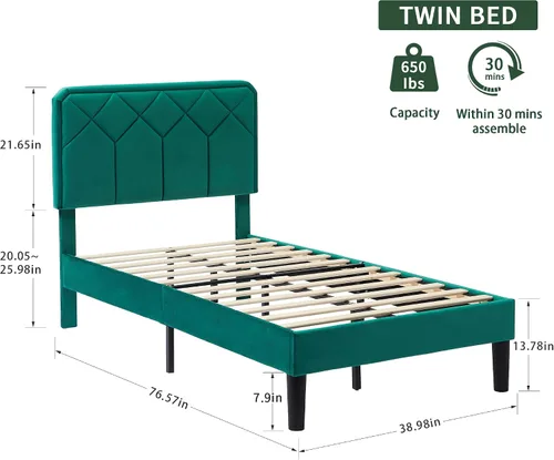 Vista 2 de VECELO Base de cama tamaño individual con plataforma tapizada de cuero de alta calidad con cabecera ajustable en altura / base de colchón, soporte