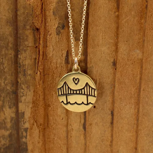Vista 4 de Mark Poulin Small Gold Dipped Sterling Silver Golden Gate Bridge Necklace on 18 inch Gold Filled Chain for Women and Girls