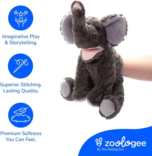 Vista 4 de The Petting Zoo Marioneta de peluche de elefante de mano, regalos para niños, animales de marioneta, juguete de peluche interactivo de elefante
