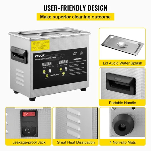 Vista 6 de VEVOR - Limpiador ultrasónico digital profesional para piezas de laboratorio, limpiador con calentador y temporizador para joyas y gafas, 3L