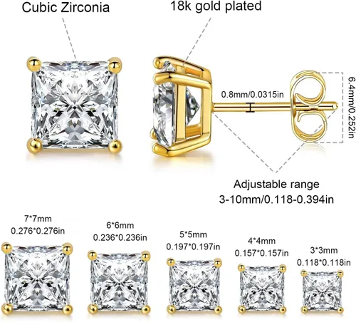 Vista 2 de Juego de 5 pares de aretes tipo dormilona chapados en oro amarillo de 14 quilates con circonita cúbica transparente para mujeres y hombres