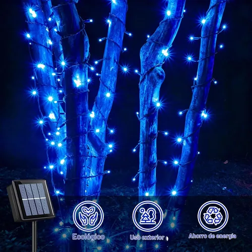 Vista 4 de QITONG Paquete de 2 tiras de luces solares azules para exteriores, impermeables, cada 33 pies, 100 luces LED de Navidad, 8 modos de cable verde