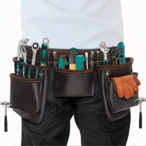 Vista 6 de Bolsa de cuero para cinturón de herramientas, cómodas bolsas de herramientas de apoyo para la espalda con tirantes para construcción, enmarcadores