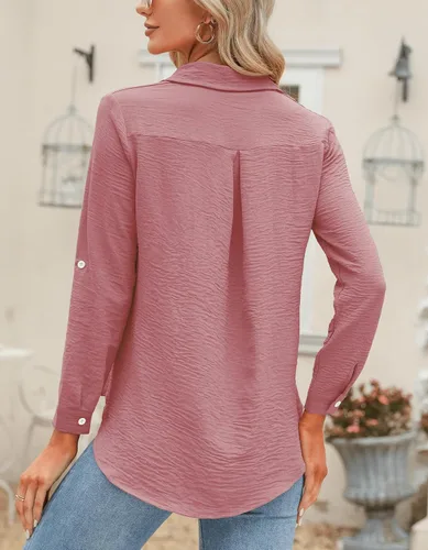 Vista 5 de Odosalii - Camisas con botones para mujer, con cuello en V, manga larga, enrolladas, blusas elegantes y formales para negocios y ocasiones casuales