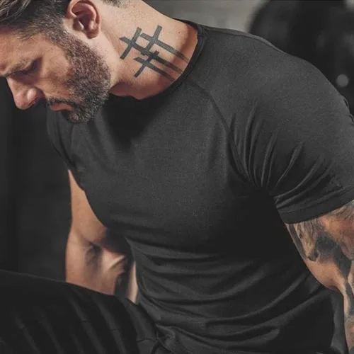 Vista 5 de Camiseta de manga corta ajustada para hombre, de algodón, atlética, para correr, fitness