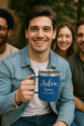 Vista 7 de Taza personalizada con recubrimiento en polvo de 15 oz con tapa personalizada grabada (negro)