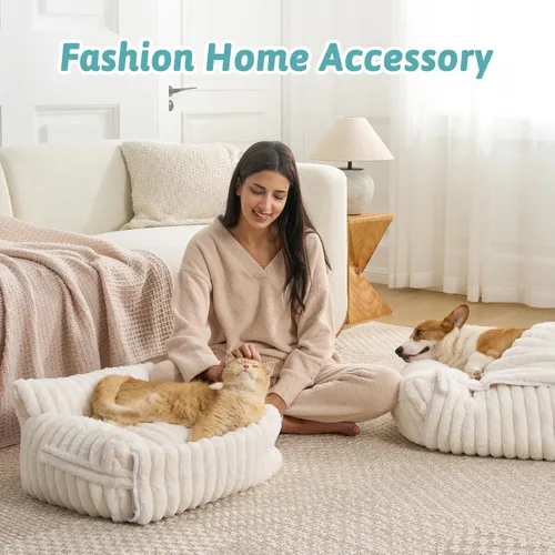 Vista 5 de COZY KISS Bonita cama para gatos con funda extraíble, sofá multifuncional de piel sintética de felpa para mascotas con manta, muebles ultra suaves