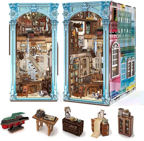 Vista 8 de CCCDF Kit de Rincón de Libros, Kit de Rincón de Libros con Cubierta Antipolvo para Adultos Kit de Casa en Miniatura DIY Rompecabezas de Madera 3D