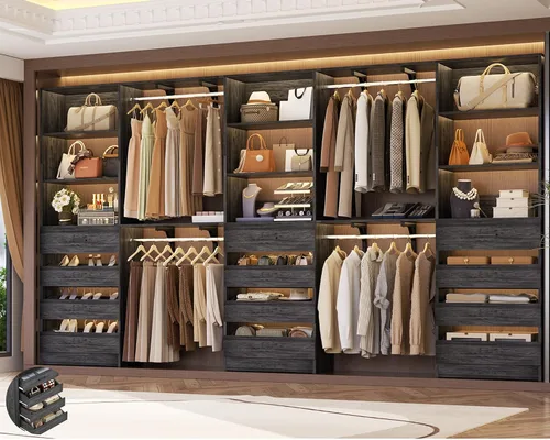 Vista 9 de Aheaplus Sistema de Armario con 8 Cajones de Madera, Sistema Organizador de Armario de Madera con Torre, Organizador de Vestidor Perchero de Armario