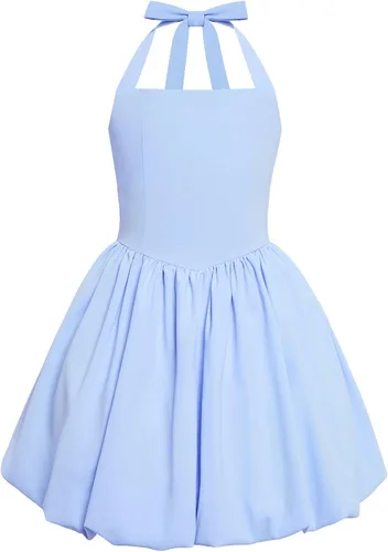 Vista 14 de IBTOM CASTLE Vestido de niña adolescente con cuello halter y lazo en la Negro