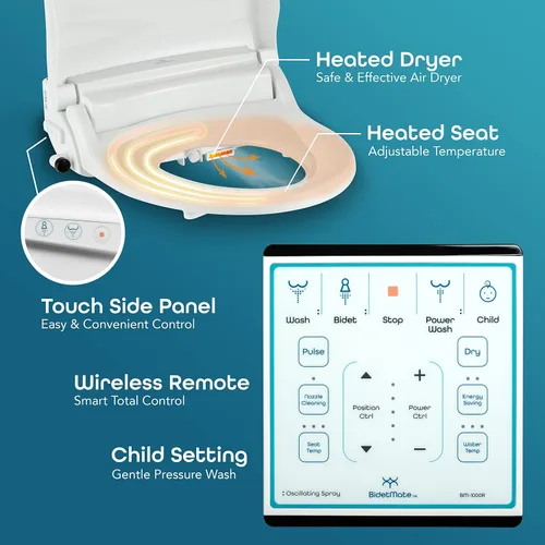 Vista 2 de BidetMate Asiento de inodoro inteligente serie 1000 con agua calentada, control remoto inalámbrico y secadora de aire caliente, asiento de bidé