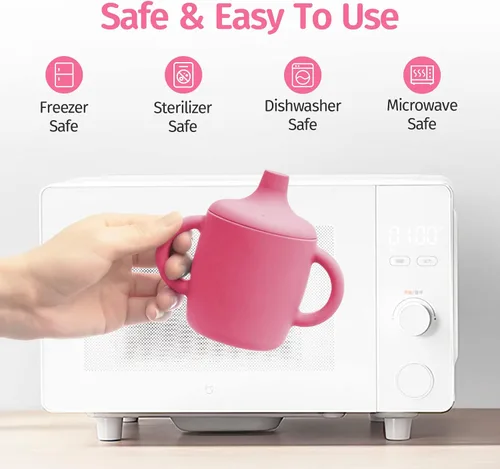 Vista 3 de Vasos de silicona antiderrames de 8 onzas para niños pequeños y bebés, aptos para lavavajillas y microondas, paquete de 2 (rosa/gris)