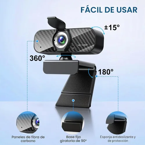 Vista 6 de Webcam Full HD 1080P con micrófono incorporado y trípode giratorio, placa de fibra de carbono y cubierta de privacidad, corrección de luz