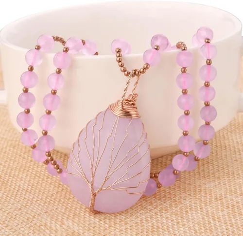 Vista 3 de PESOENTH Collar con colgante de árbol de la vida de cristal de amatista para mujer, cuentas moradas de mala, yoga, meditación, oración, piedras