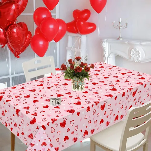 Vista 4 de Paquete de 3 manteles para el día de San Valentín, manteles desechables de plástico con corazón de amor rosa y rojo, 54 x 108 pulgadas, manteles