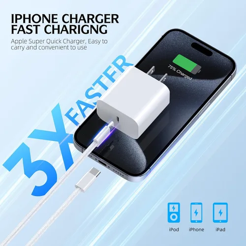 Vista 6 de Cargador de carga rápida para iPhone 17 16 15, paquete de 2 cables tejidos USB C de 10 pies de largo con bloque de carga rápida USBC de 20 W