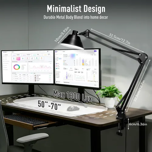 Vista 4 de Lámpara de escritorio LED para oficina en casa, lámpara de escritorio con brazo oscilante con abrazadera, lámpara de mesa de cuello de cisne Negro