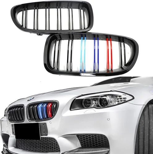 Vista 8 de Parrilla frontal F10 F18 compatible con BMW 5 Serie F10 F11 F18 M5 2010-2017, (juego de 2 rejillas dobles negras brillantes)