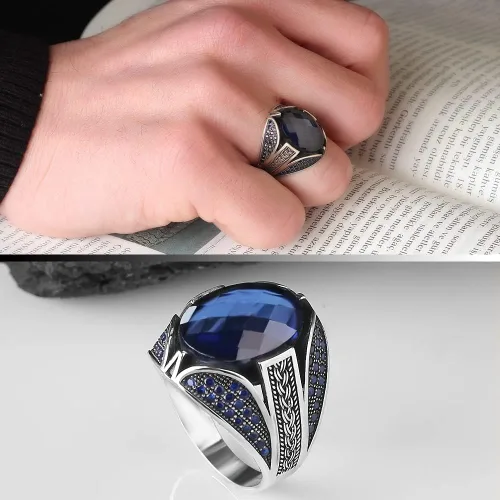 Vista 4 de Anillo de plata de ley 925 para hombre con piedra preciosa de zafiro, anillo de plata grabado hecho a mano, regalo para él, anillo de plata