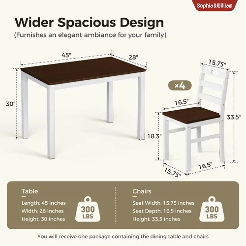 Vista 5 de Sophia & William Juego de mesa de comedor de 5 piezas para 4, juego de mesa y sillas de cocina de madera, mesa de comedor rectangular de 45 pulgadas