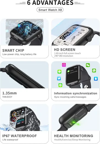 Vista 3 de Tuanzi X8S Reloj inteligente 2 en 1 con audífonos, TWS, Bluetooth, monitor de salud, reloj deportivo, rastreador de actividad (X8S-negro)