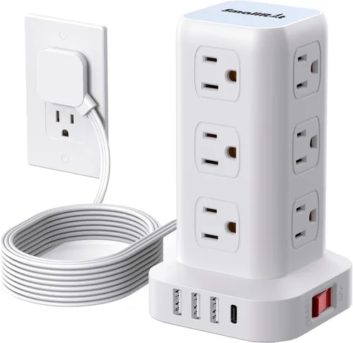 Vista 22 de SMALLRT - Cable de extensión con múltiples tomas, torre de regleta de alimentación con protector de sobretensiones, extensor de salida con 12