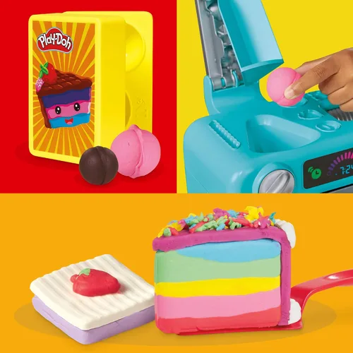 Vista 7 de Play-Doh Super Slice Cake Playset, horno de juguete con accesorios de cocina y 11 latas compuestas de modelado, artes y manualidades para niños, a