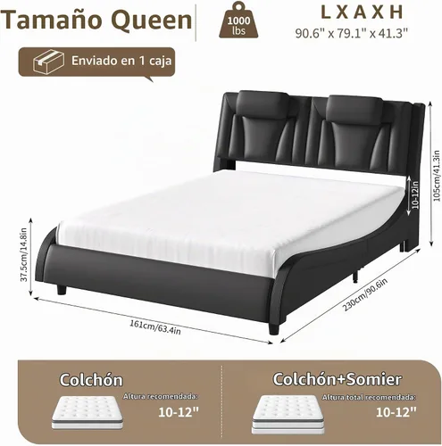 Vista 2 de Keyluv Armazón de cama moderno tapizado con plataforma con cabecera LED ajustable y diseño de curva ondulada y soporte de listones de madera sólida