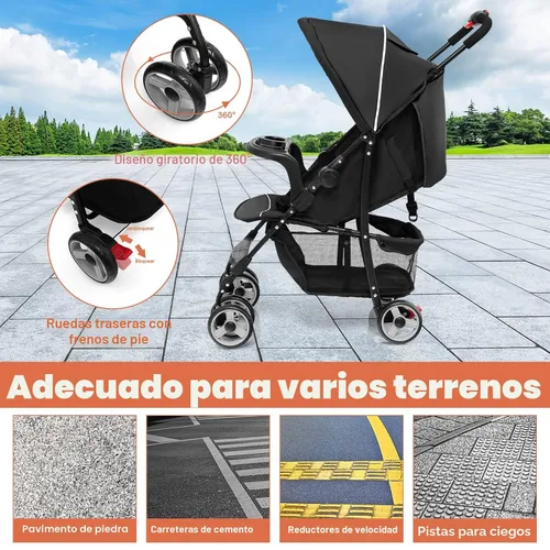 Vista 7 de HONEY JOY Cochecito de viaje, cochecito paraguas de bebé ligero de plegado rápido para avión, toldo y respaldo ajustables, canasta de Negro
