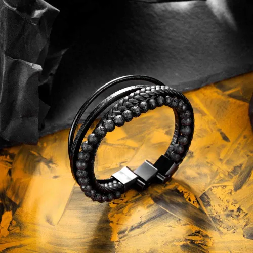 Vista 4 de murtoo - Pulsera de piel con cuentas o abalorios para hombre, cuentas naturales, acero y piel