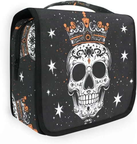 Vista 24 de MNSRUU Neceser colgante con diseño de calavera y girasol, bolsa de maquillaje de viaje para artículos de tocador, organizador de artículos