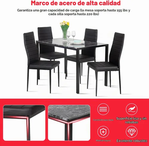 Vista 4 de Juego de mesa y sillas de comedor PayLessHere, moderna mesa rectangular de mármol con tapa y 4 sillas de cuero PU para comedor y cocina, mármol negro