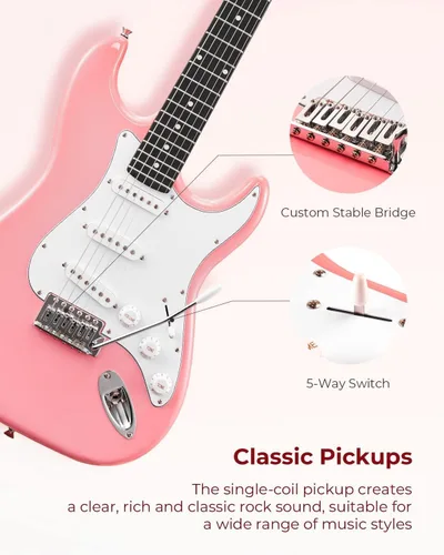 Vista 4 de Vangoa - Kit de guitarra eléctrica de tamaño completo de 39 pulgadas para principiantes, cuerpo sólido, color rosa, con pastillas SSS, amplificador
