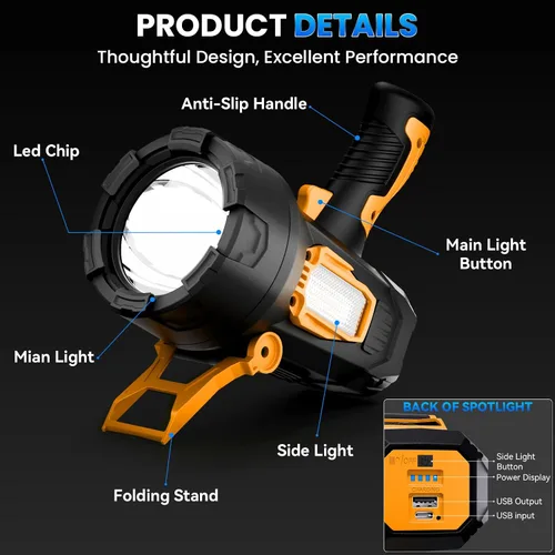 Vista 6 de Linterna Reflector Recargable, 990000 Lúmenes LED de Mano Súper Brillante, Impermeable 10000mAh Larga Duración Luces Reflectoras para Navegación