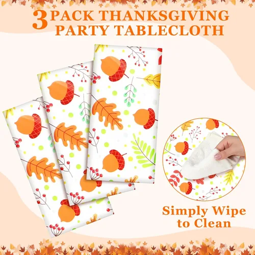 Vista 4 de Newwiee Paquete de 3 manteles de Acción de Gracias de 108 x 54 pulgadas, manteles de plástico desechables de otoño, mantel rectangular impermeable