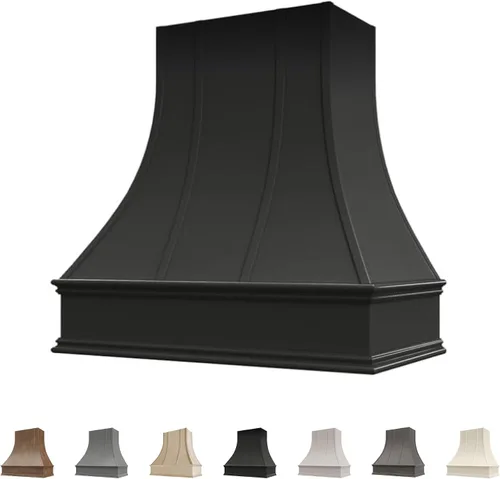 Vista 13 de Cubierta curvada para campana extractora de nogal americano con molduras decorativas, cubiertas de madera para campana extractora de pared, madera