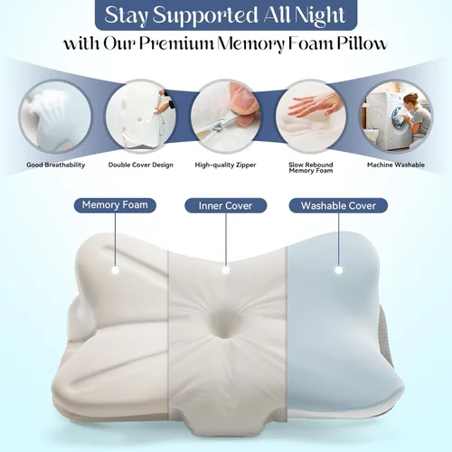 Vista 3 de SHJADE - Almohada cervical para soporte del cuello, almohada de espuma viscoelástica con contorno, almohada ortopédica ergonómica, almohada de cama
