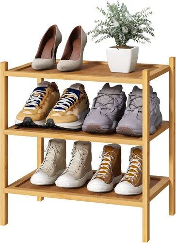 Vista 24 de kiplant Zapatero de bambú negro de 2 niveles, zapatero apilable de madera de bambú para armario, entrada y pasillo